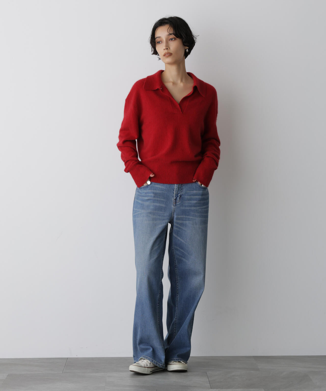 「STEVELOUR」スキッパーポロ衿ソフトタッチニット