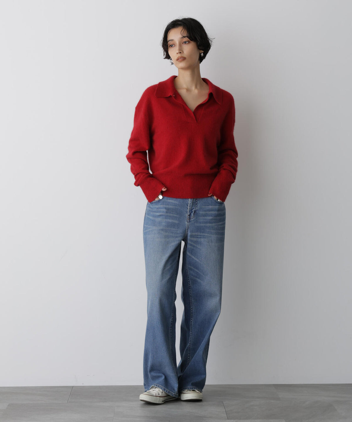 「STEVELOUR」スキッパーポロ衿ソフトタッチニット