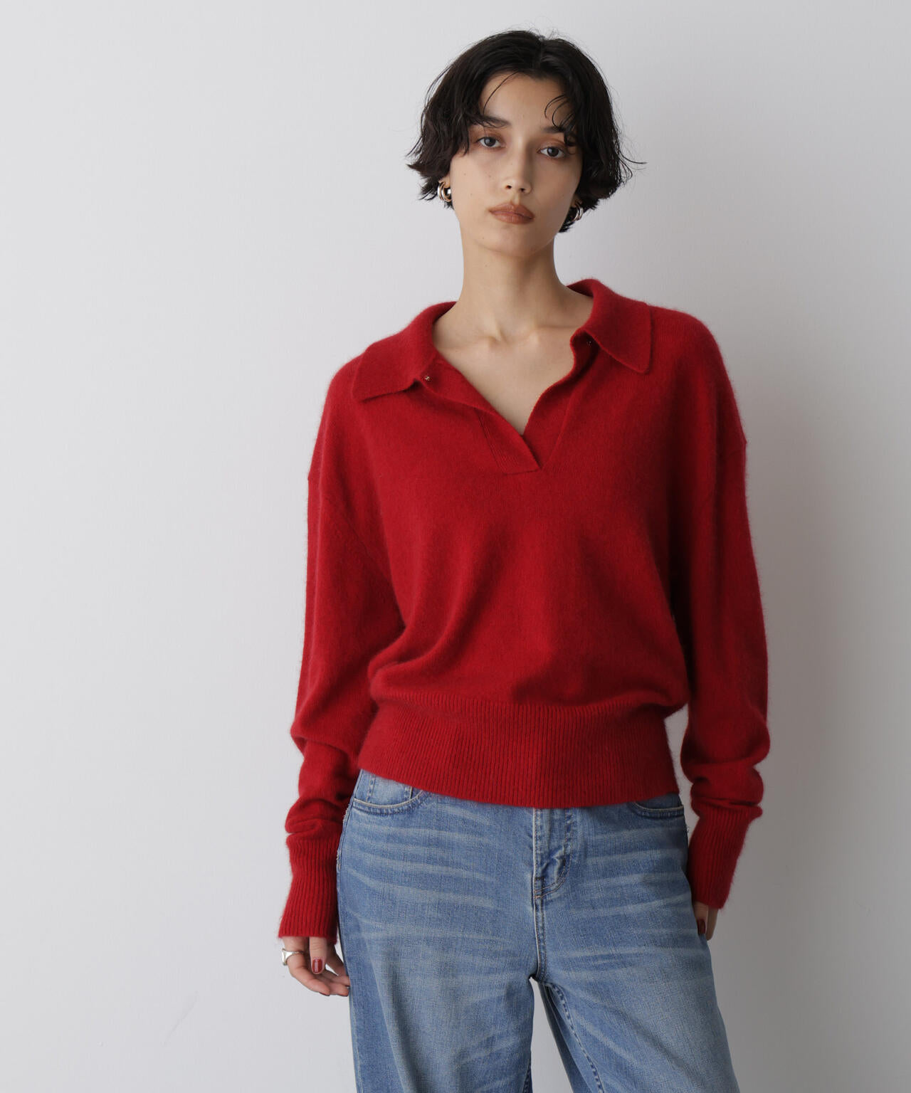 「STEVELOUR」スキッパーポロ衿ソフトタッチニット