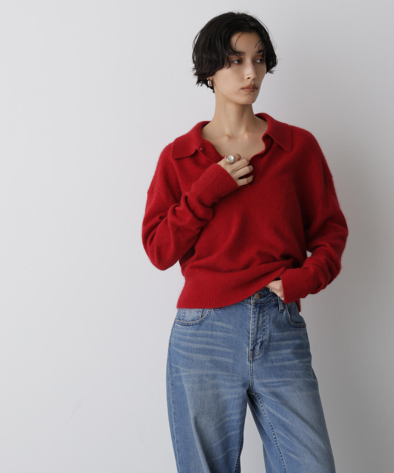 「STEVELOUR」スキッパーポロ衿ソフトタッチニット