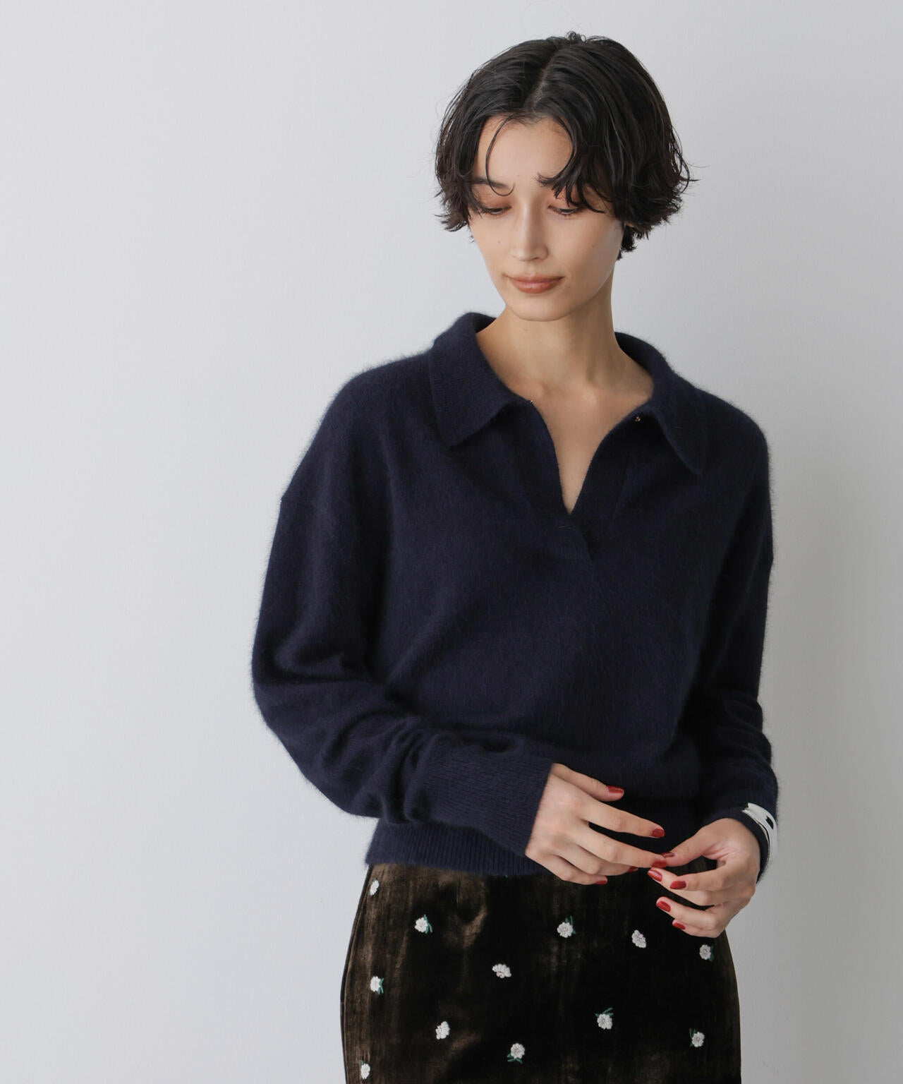 「STEVELOUR」スキッパーポロ衿ソフトタッチニット