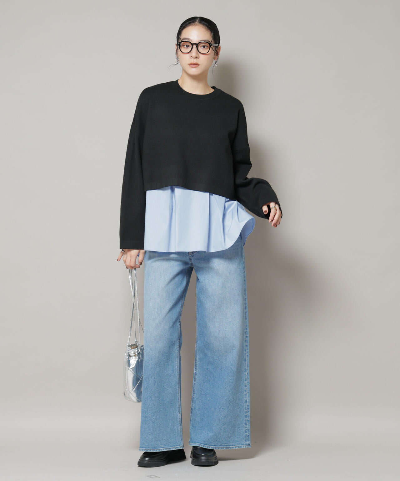 ダブルジャガードニット×タックブラウス ペプラムセット