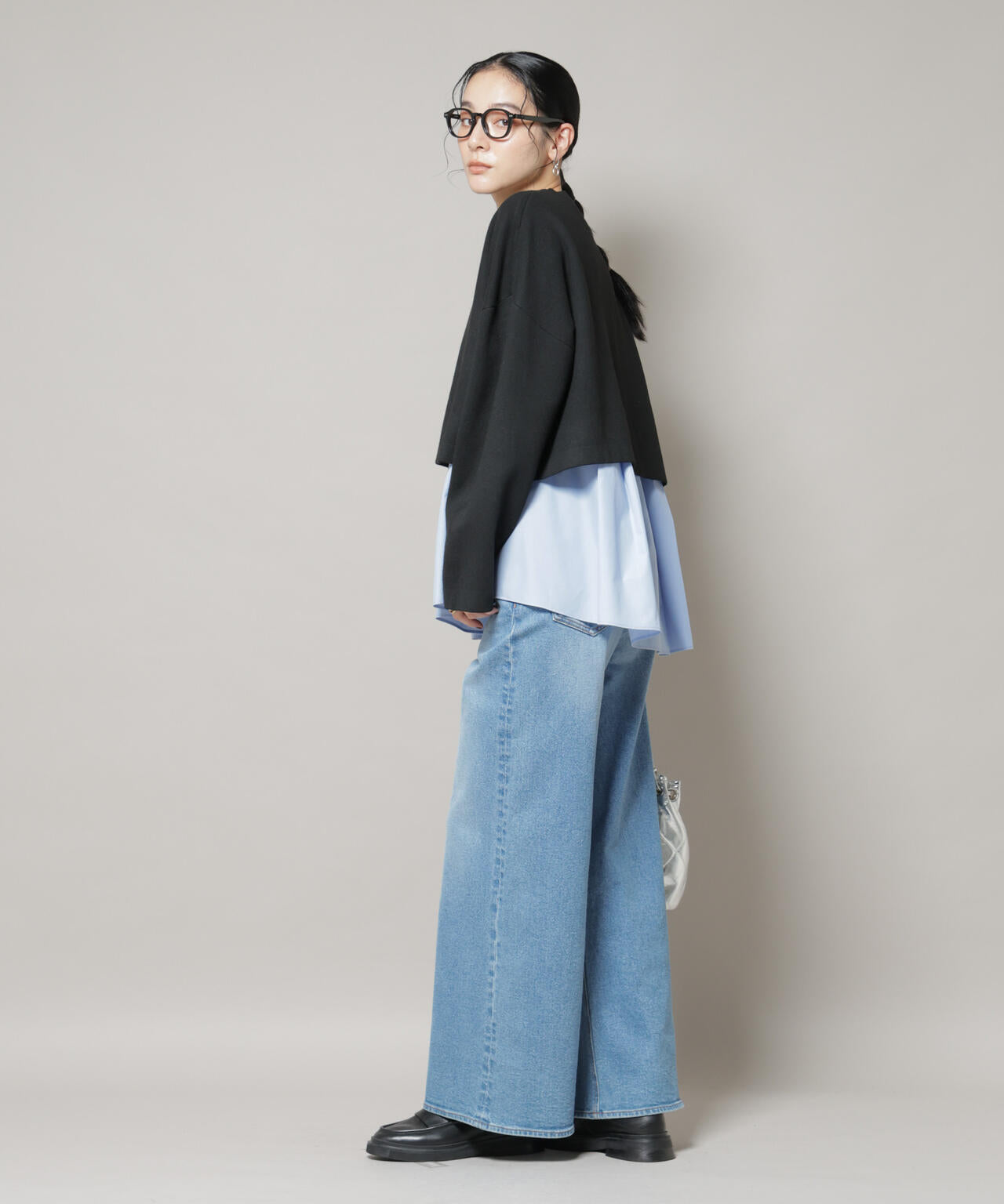 ダブルジャガードニット×タックブラウス ペプラムセット