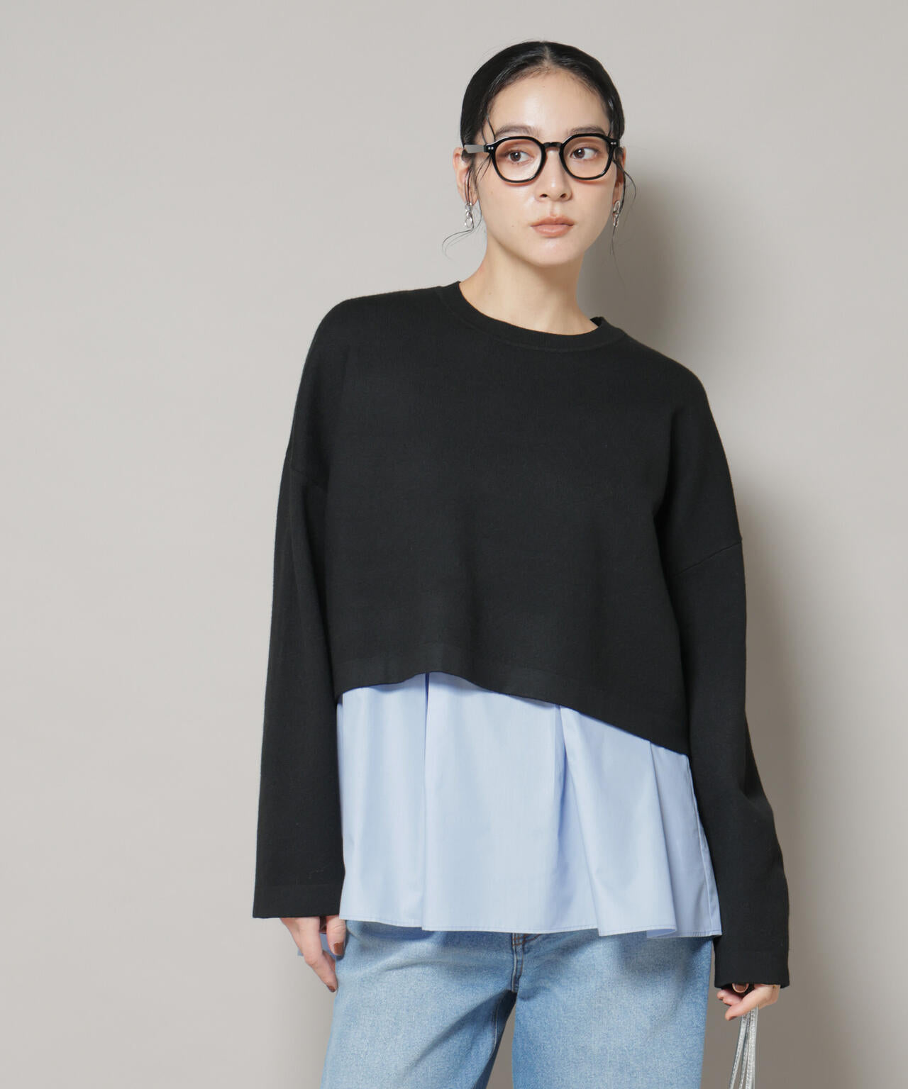 ダブルジャガードニット×タックブラウス ペプラムセット