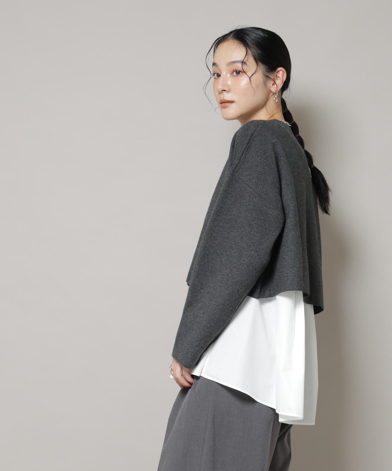 ダブルジャガードニット×タックブラウス ペプラムセット