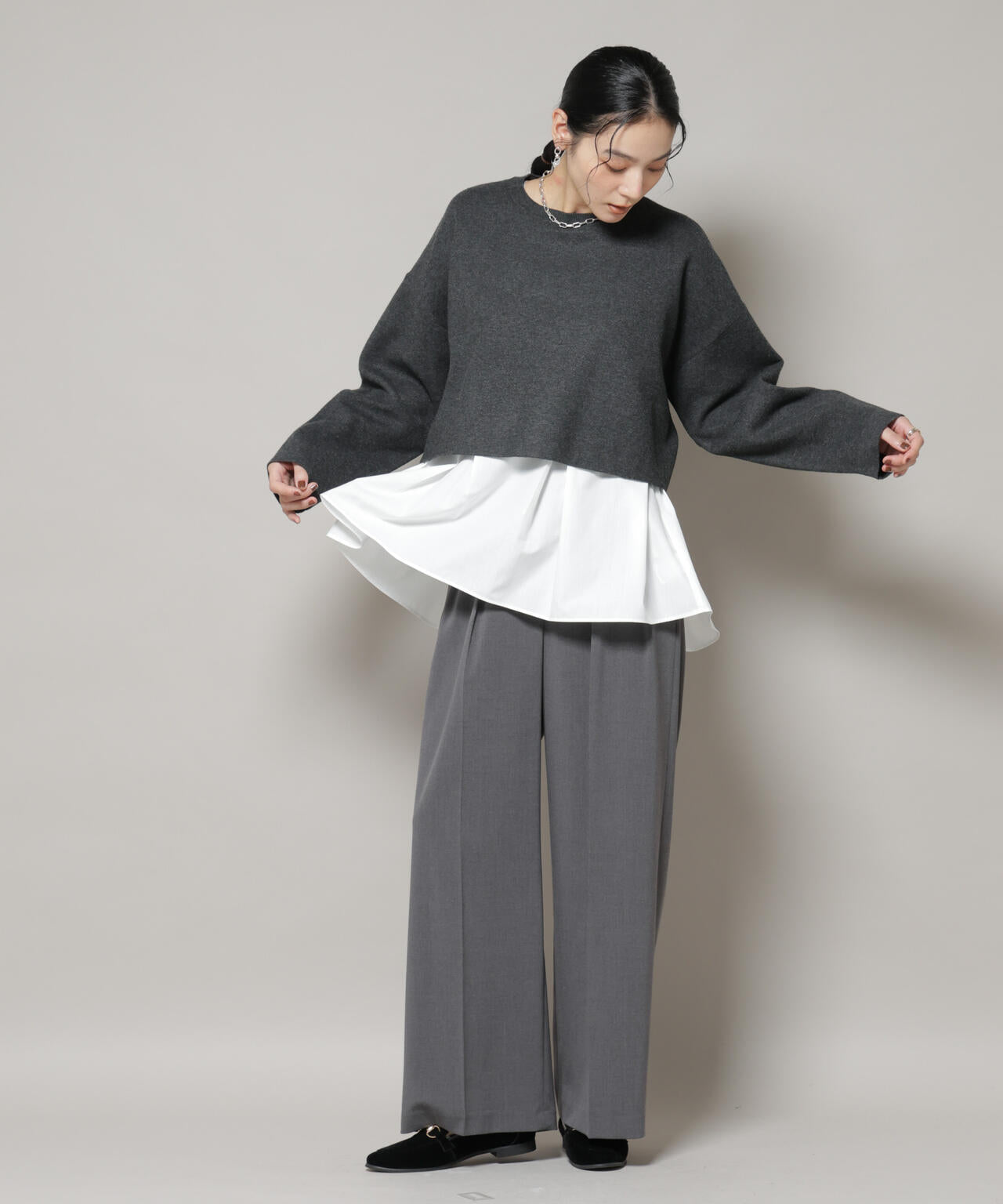 ダブルジャガードニット×タックブラウス ペプラムセット