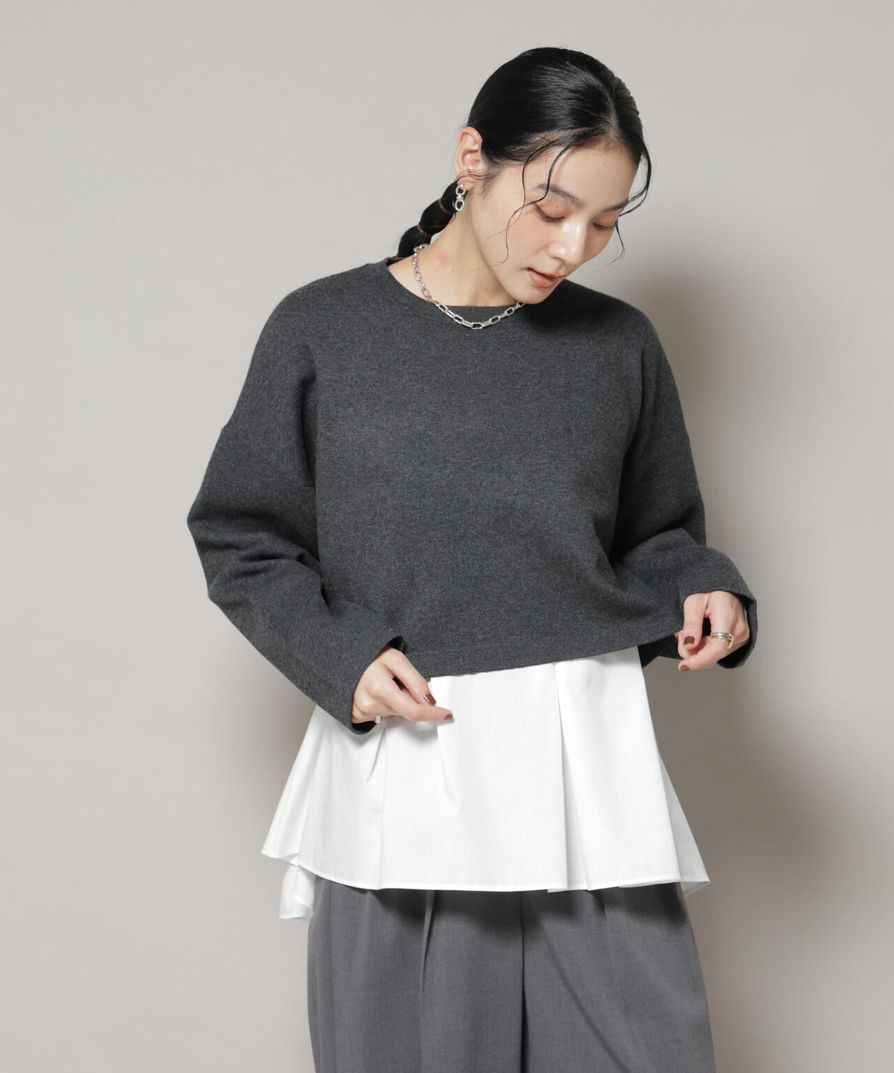 ダブルジャガードニット×タックブラウス ペプラムセット