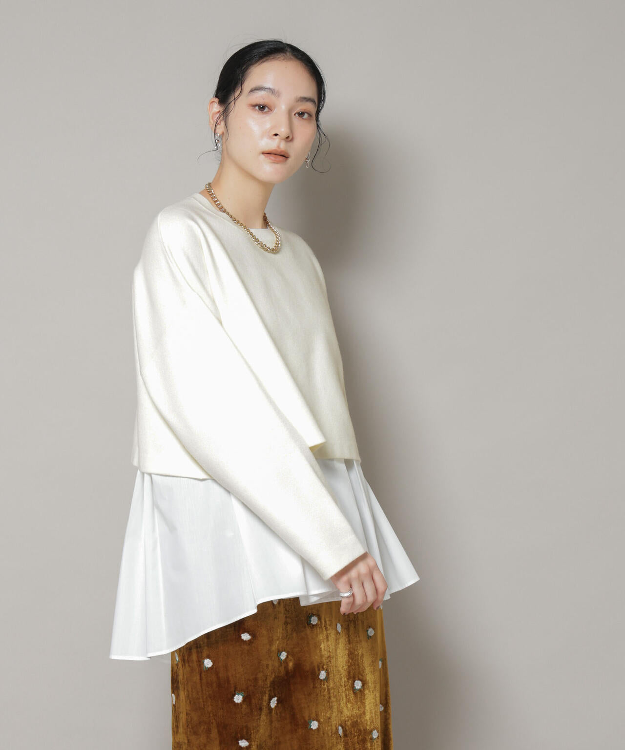 ダブルジャガードニット×タックブラウス ペプラムセット