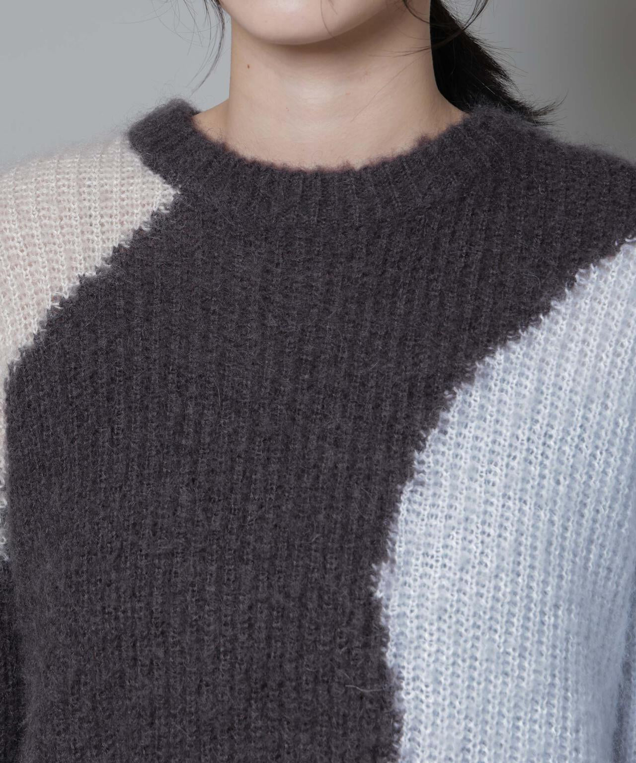 モヘヤ起毛カーブパターンブロッキングニット
