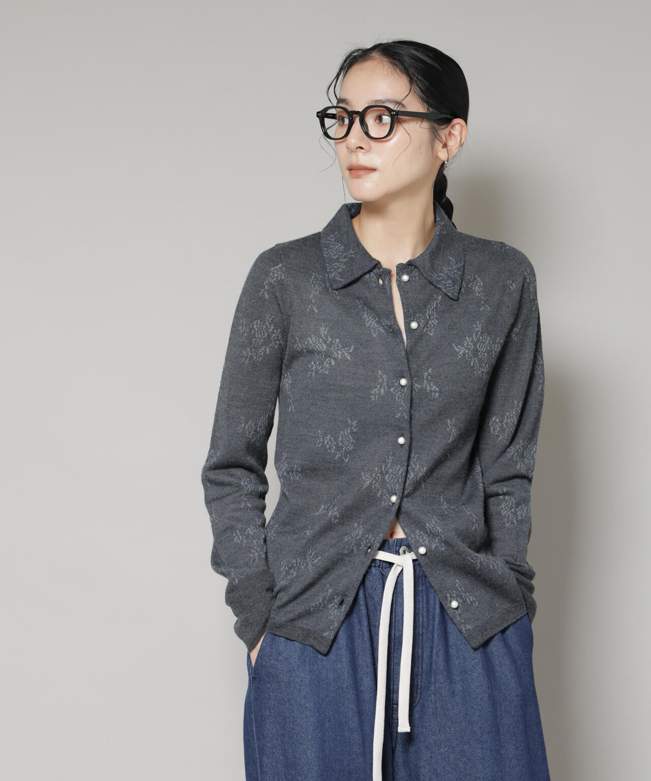 レースジャカード長袖ポロカーディガン