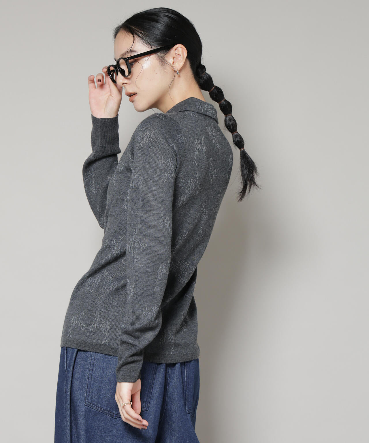 レースジャカード長袖ポロカーディガン