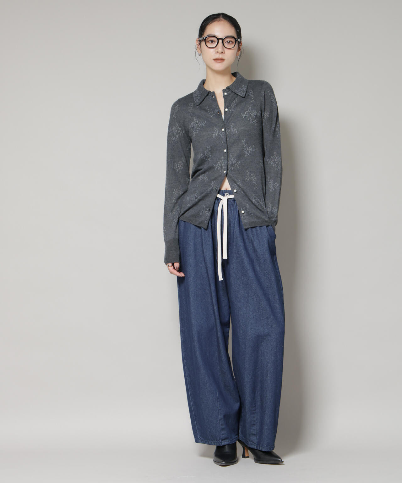 レースジャカード長袖ポロカーディガン