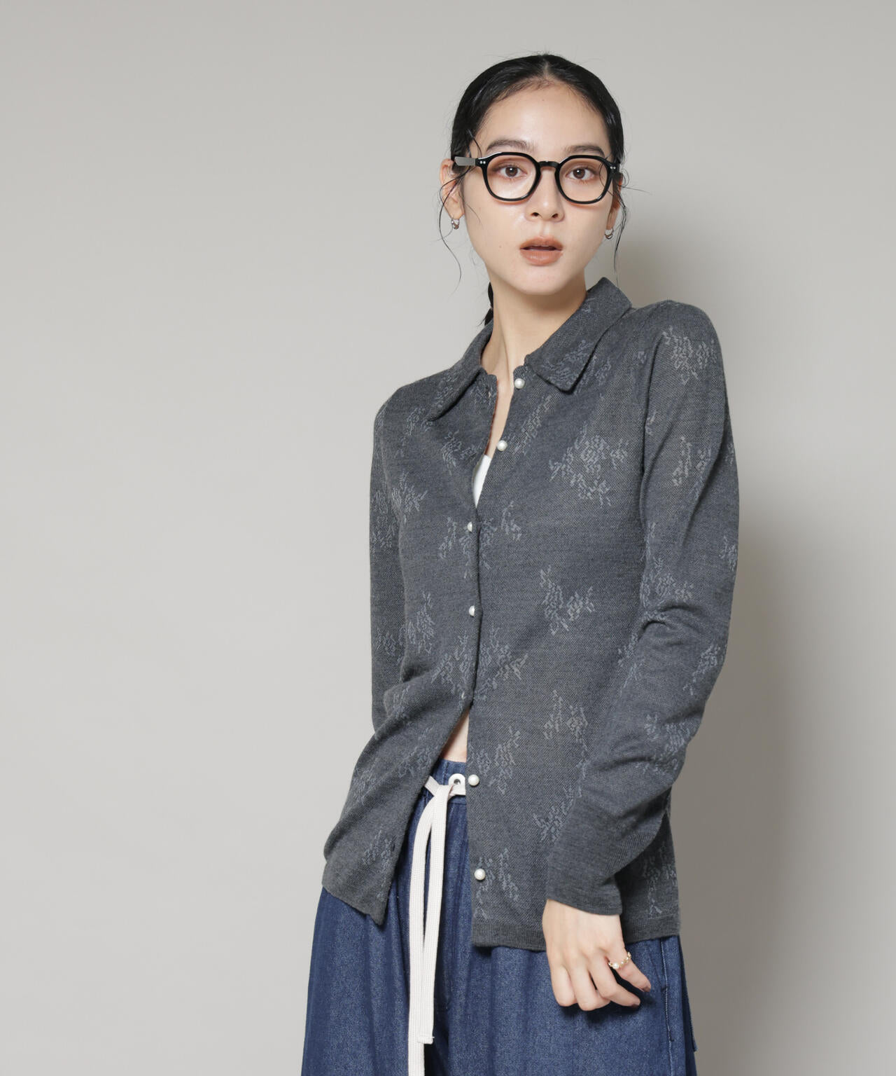 レースジャカード長袖ポロカーディガン