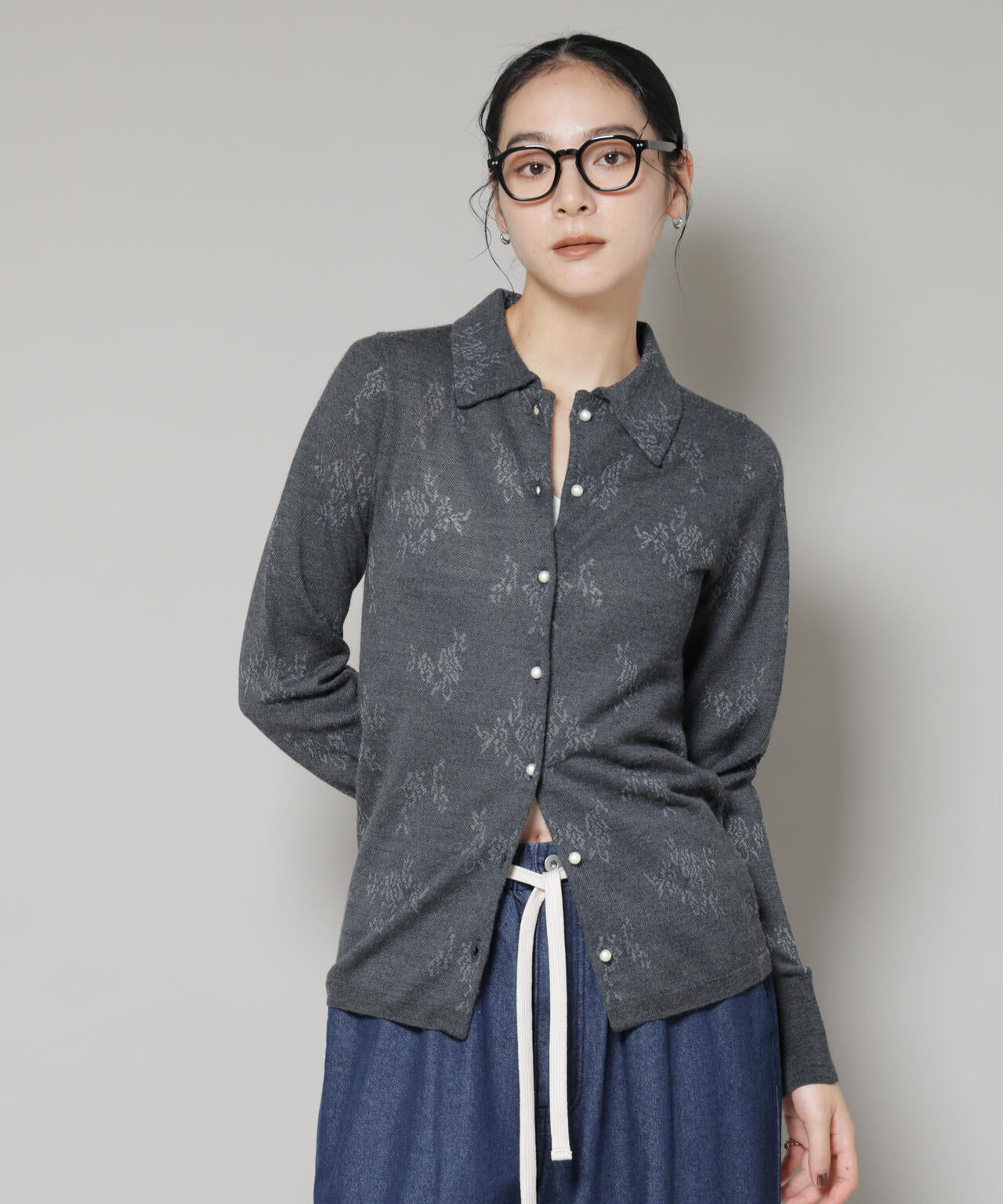 レースジャカード長袖ポロカーディガン