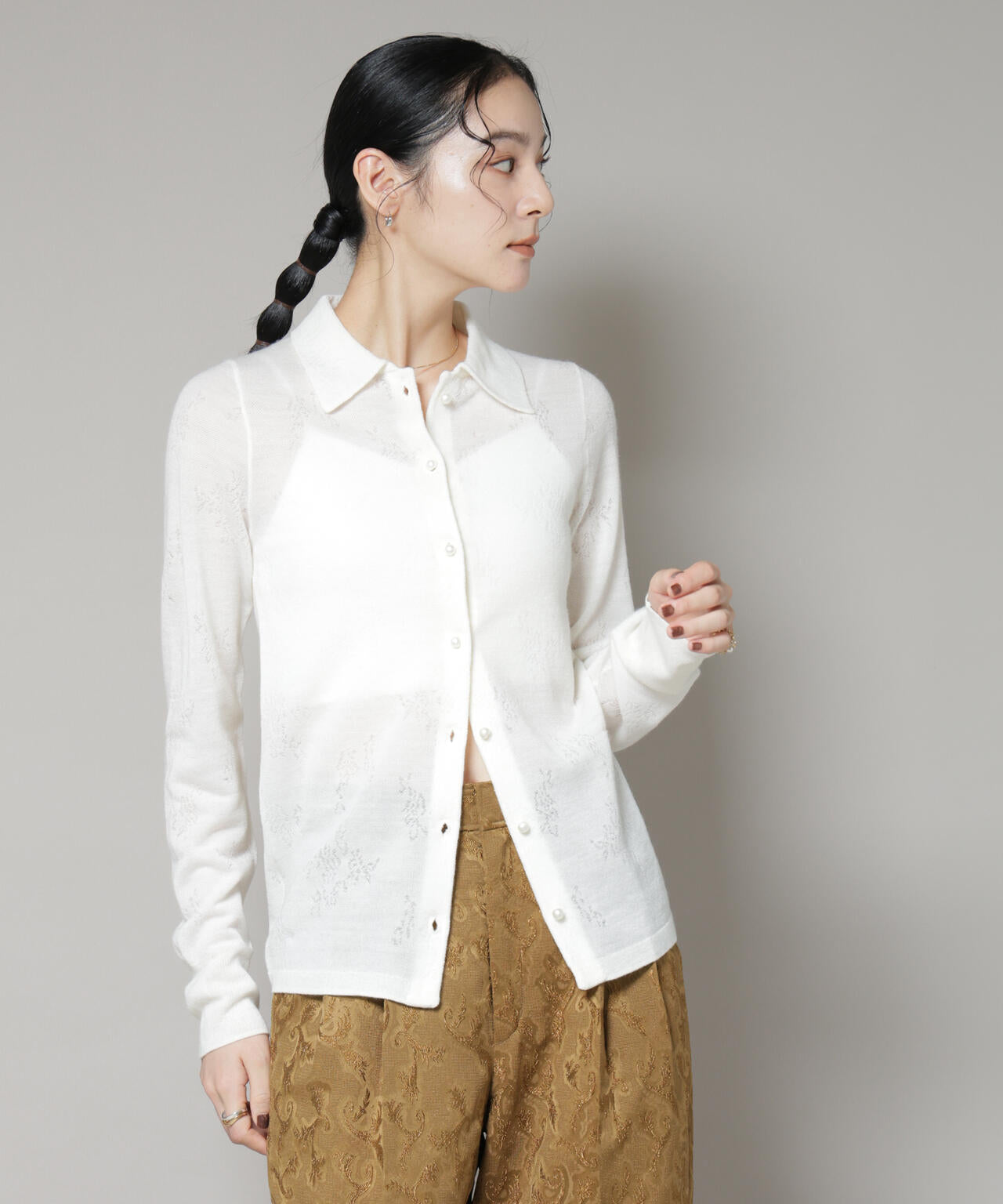 レースジャカード長袖ポロカーディガン