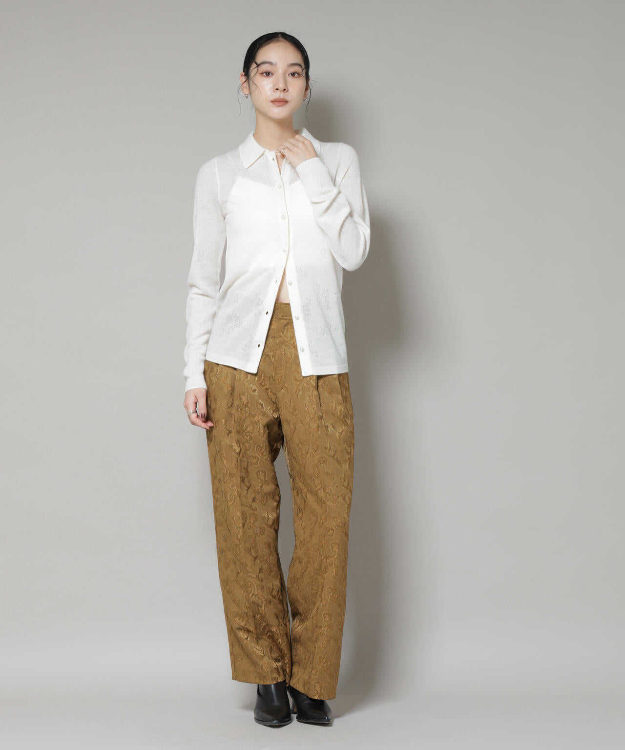 レースジャカード長袖ポロカーディガン