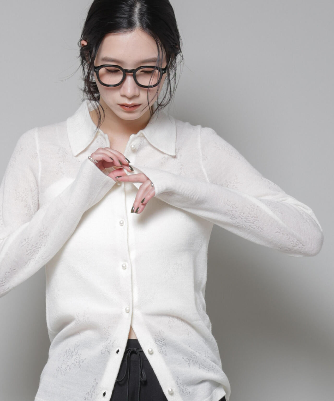 レースジャカード長袖ポロカーディガン