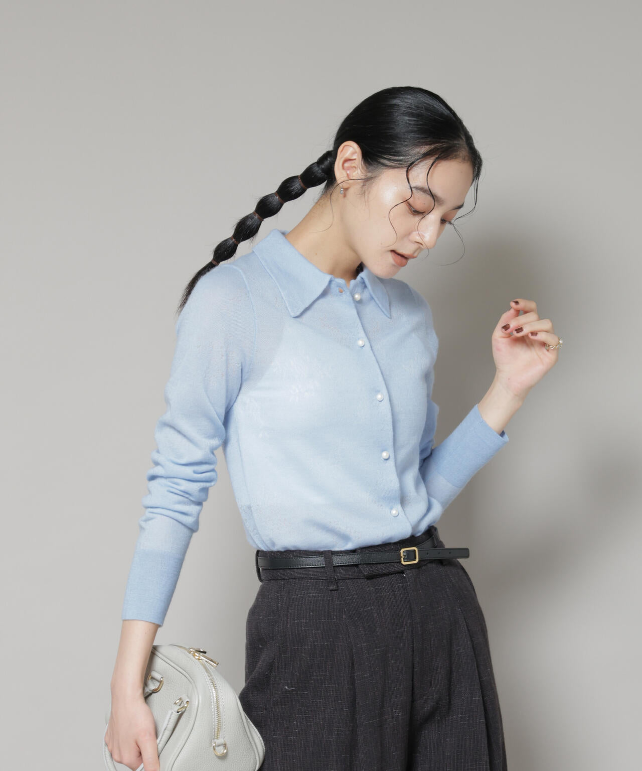 レースジャカード長袖ポロカーディガン