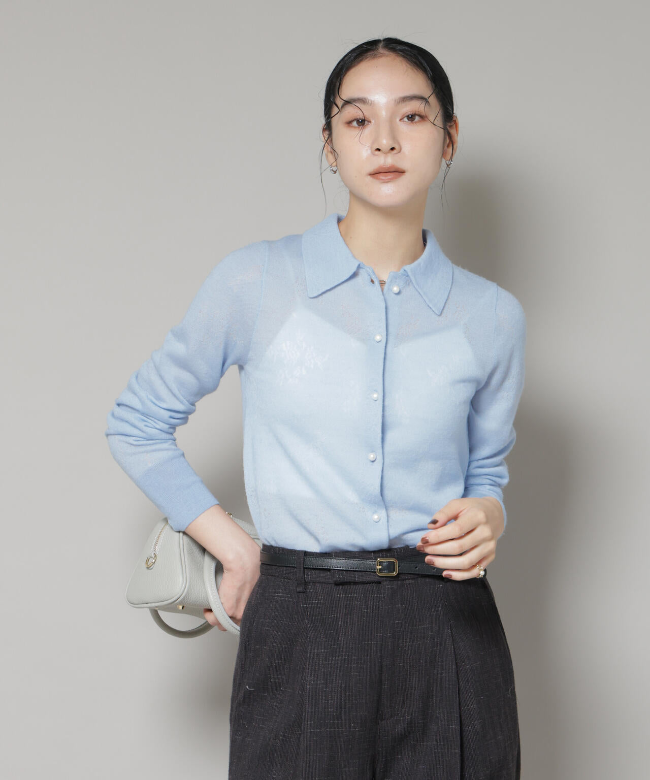 レースジャカード長袖ポロカーディガン