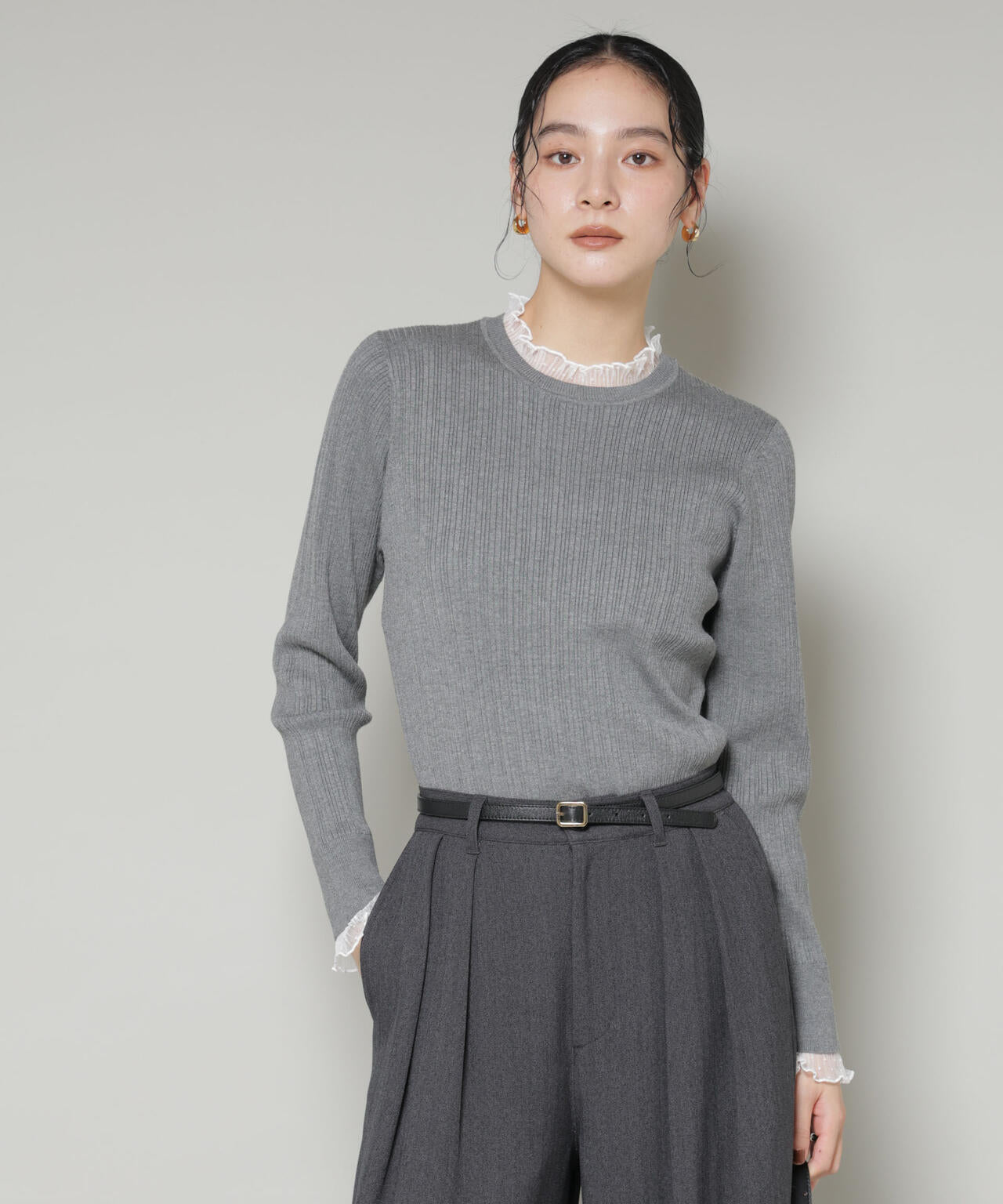 ホホバオイル加工チュールフリル付きランダムリブニット