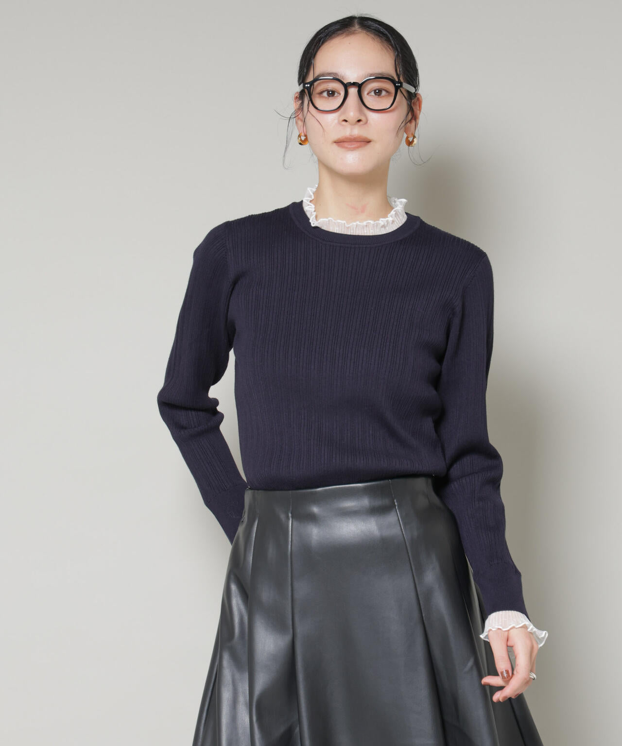 ホホバオイル加工チュールフリル付きランダムリブニット