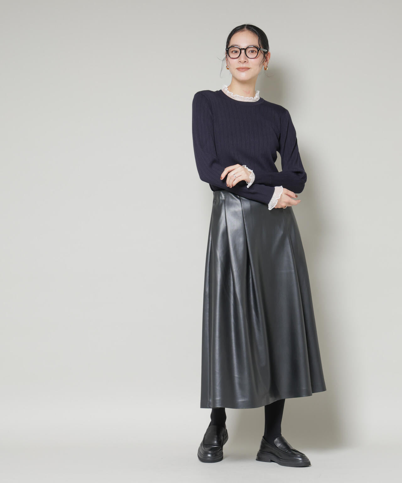 ホホバオイル加工チュールフリル付きランダムリブニット