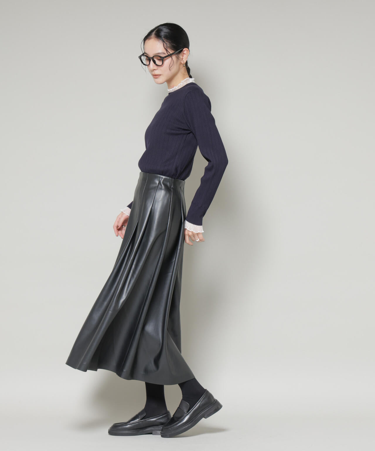 ホホバオイル加工チュールフリル付きランダムリブニット