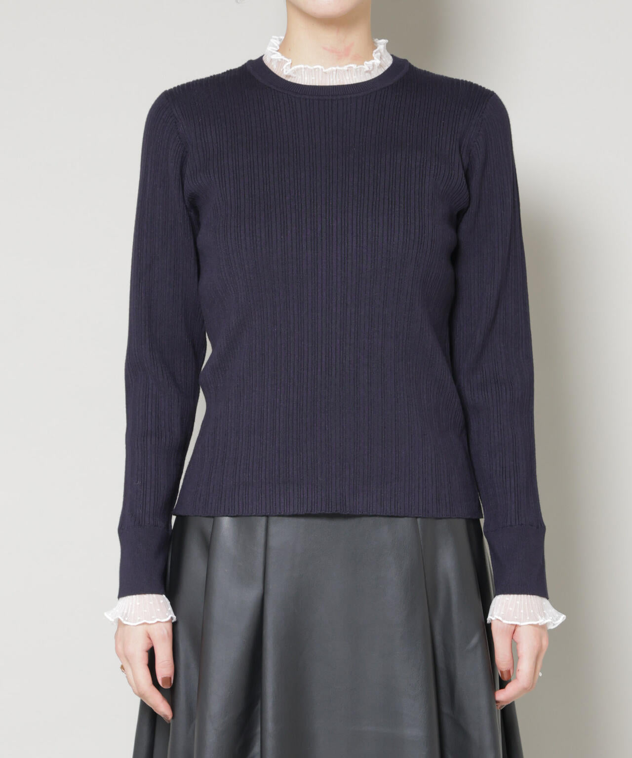 ホホバオイル加工チュールフリル付きランダムリブニット