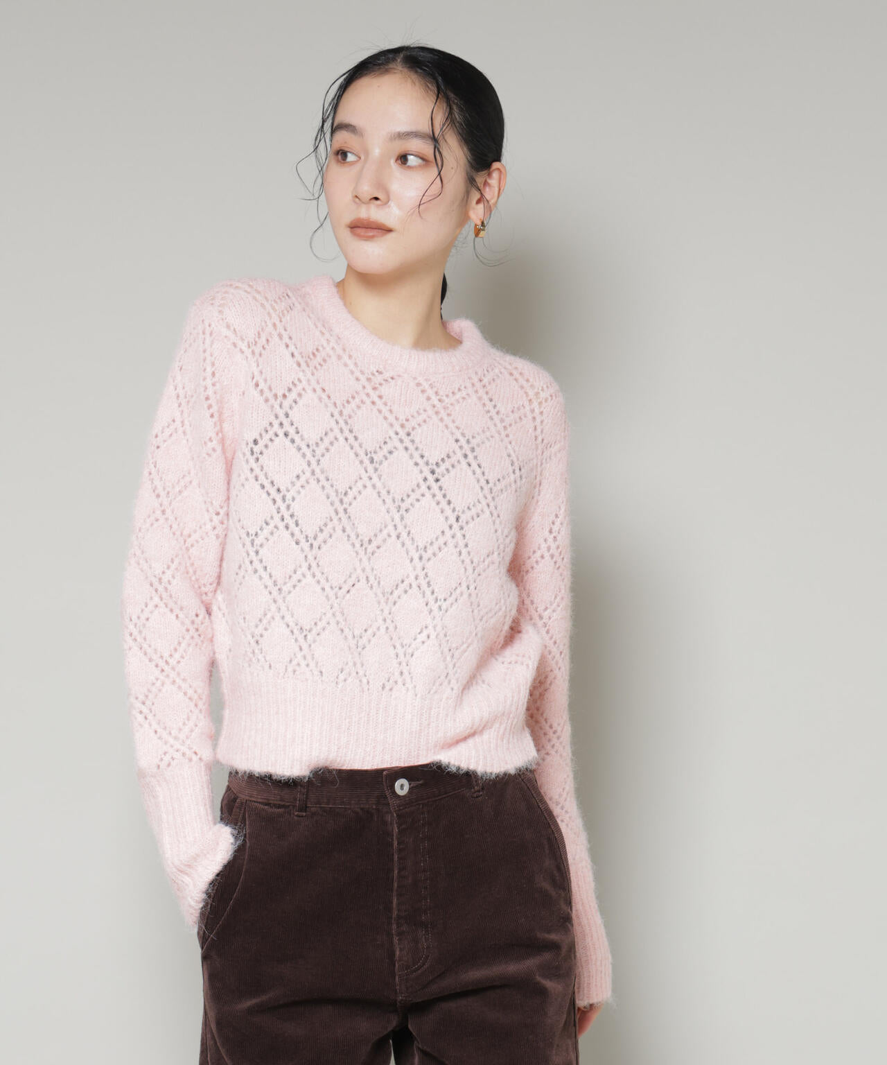 ヘアリー透かしダイヤ柄ニットプルオーバー