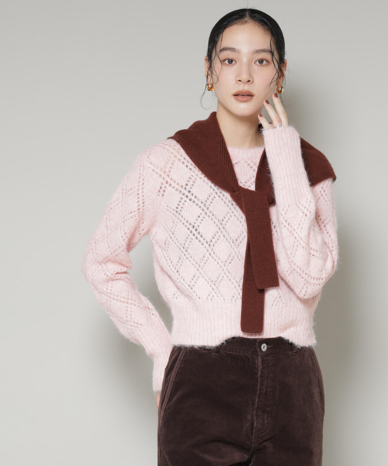 ヘアリー透かしダイヤ柄ニットプルオーバー