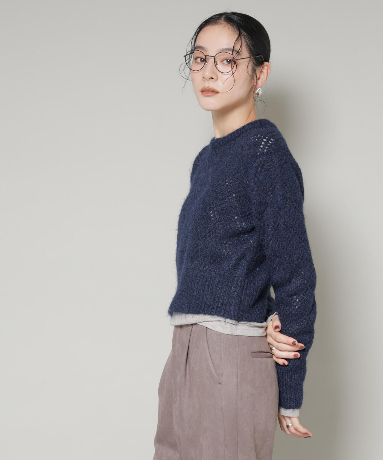 ヘアリー透かしダイヤ柄ニットプルオーバー