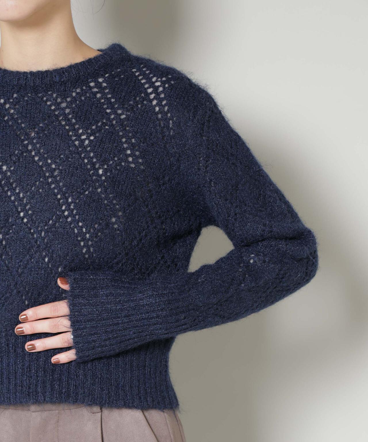 ヘアリー透かしダイヤ柄ニットプルオーバー
