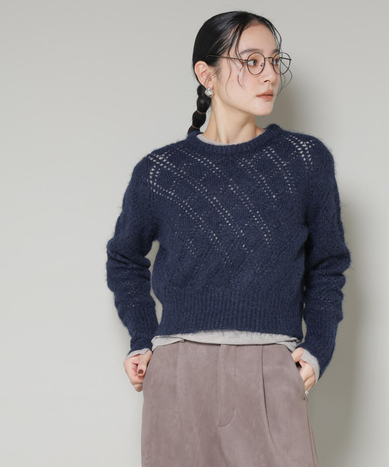 ヘアリー透かしダイヤ柄ニットプルオーバー