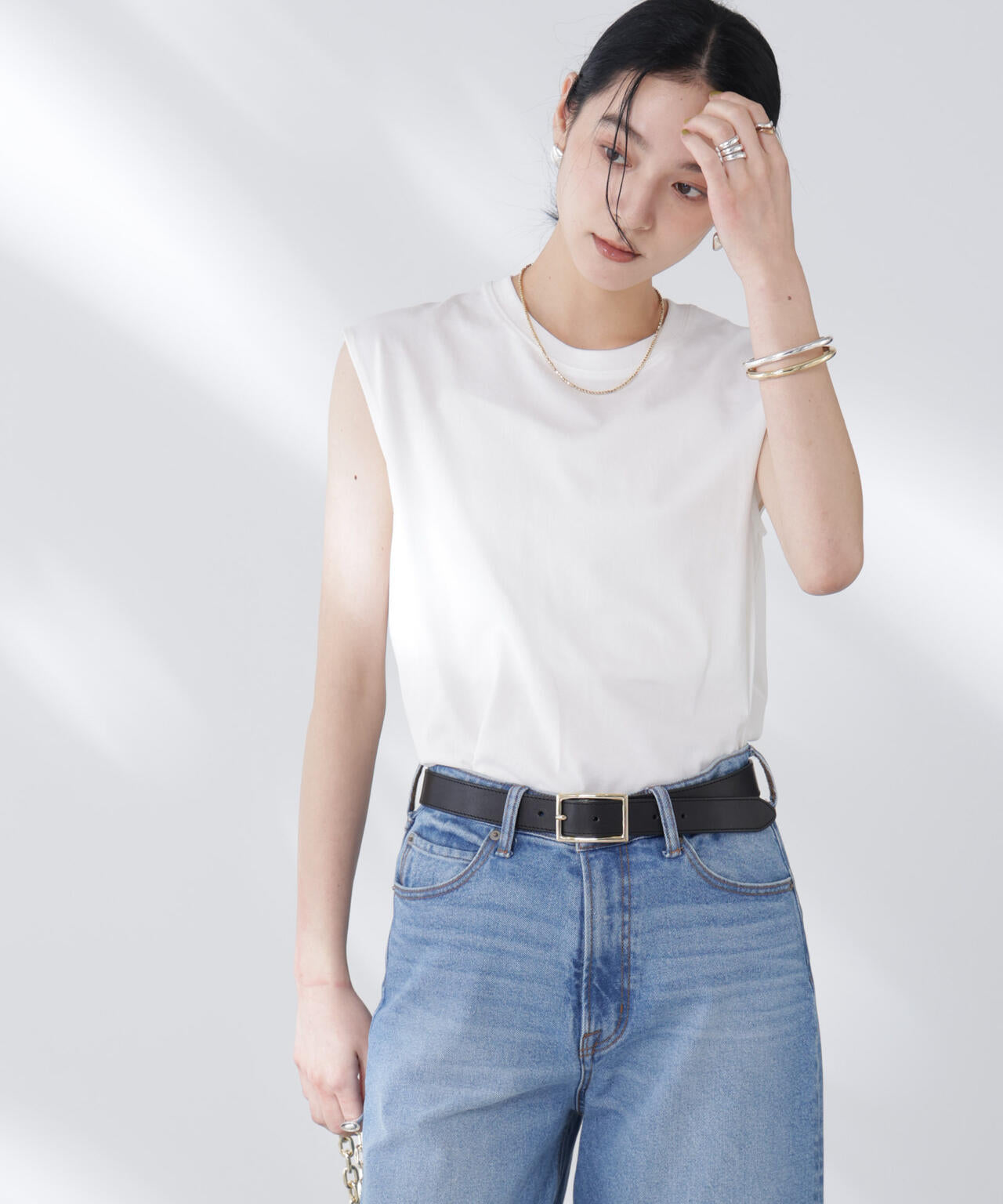 NANOFINE強撚コットンノースリーブトップス