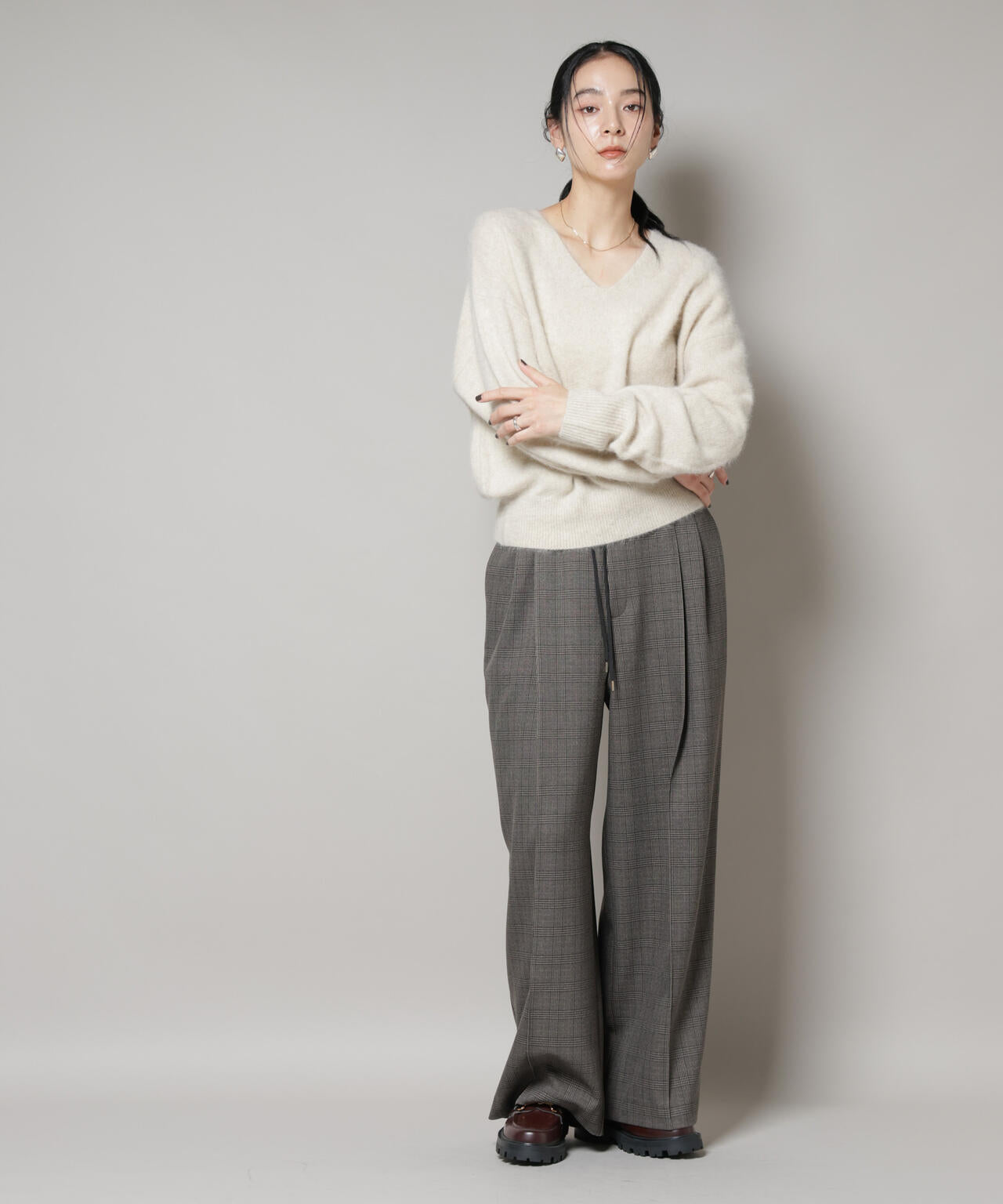 ストレッチサージチェックピンタックイージーワイドパンツ(セットアップ可)