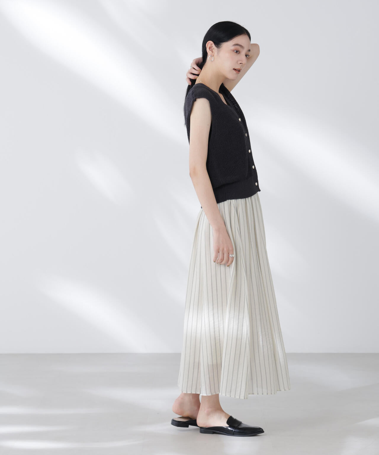 シアーストライプギャザーフレアスカート(セットアップ可)