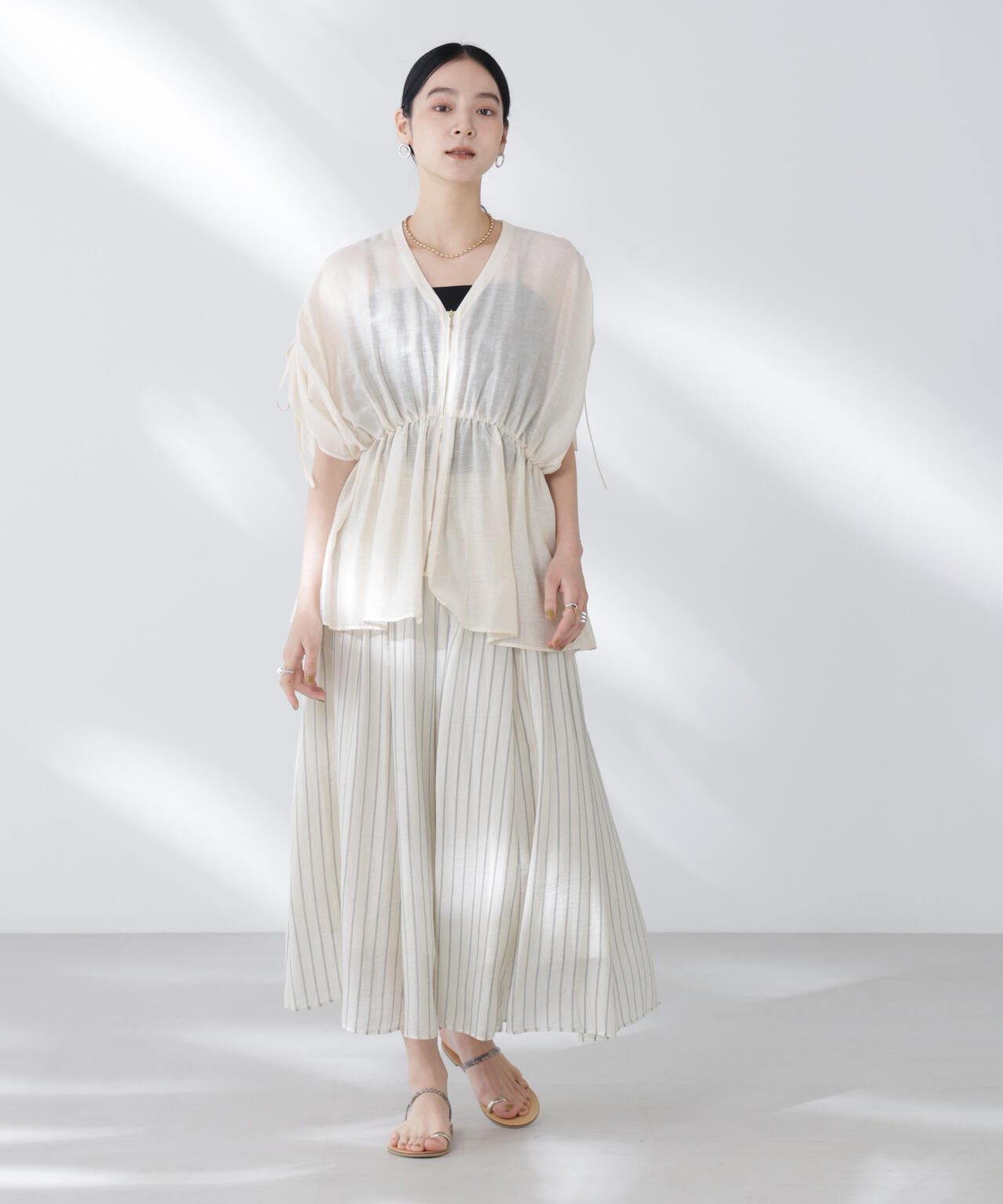 シアーストライプギャザーフレアスカート(セットアップ可)