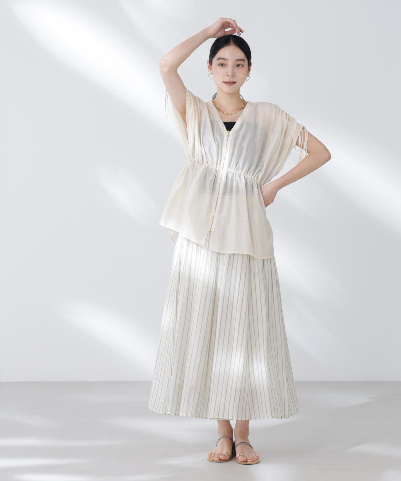 シアーストライプギャザーフレアスカート(セットアップ可)