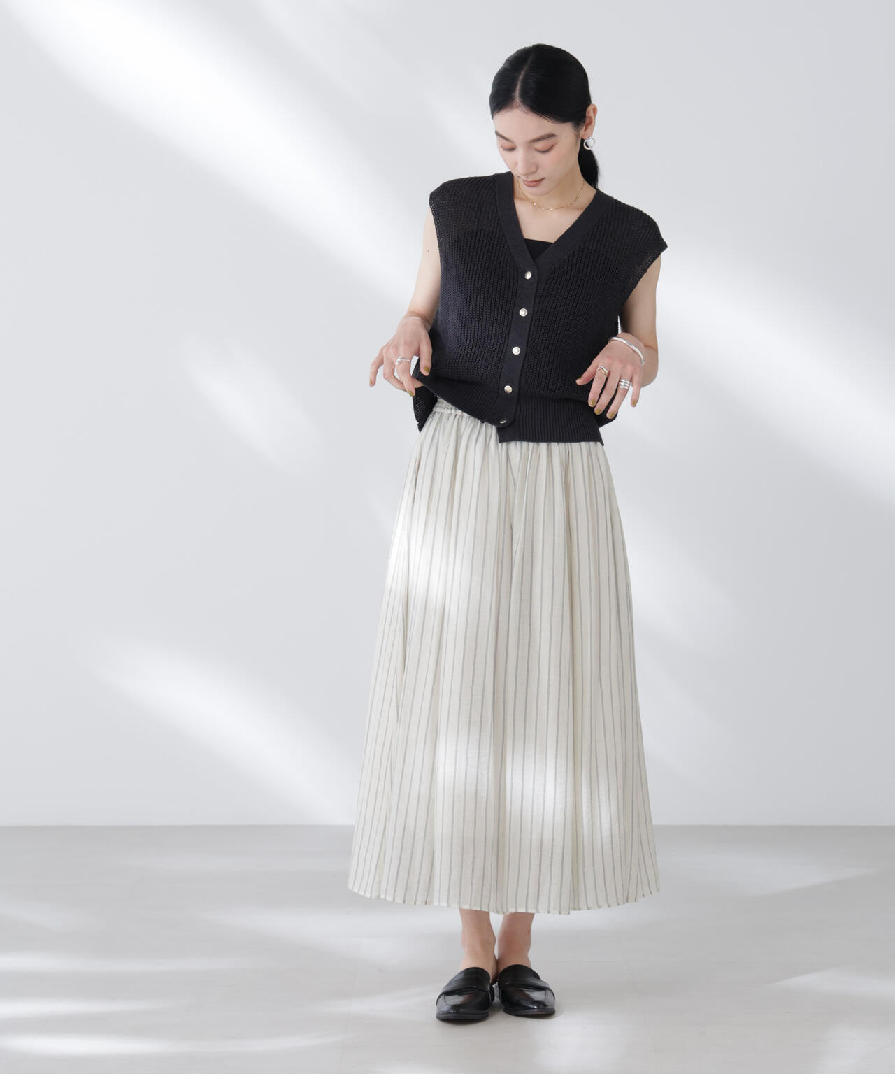 シアーストライプギャザーフレアスカート(セットアップ可)