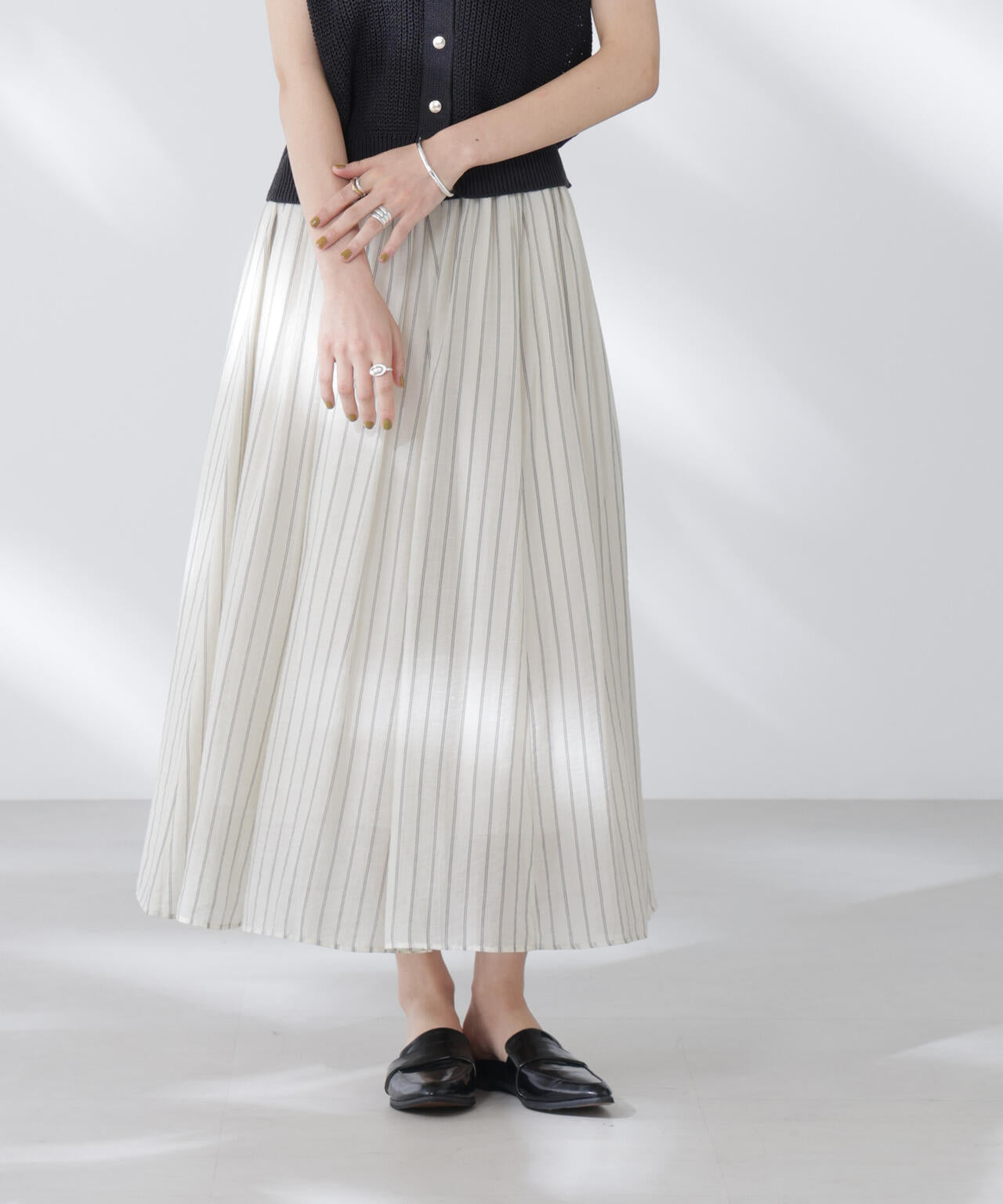 シアーストライプギャザーフレアスカート(セットアップ可)