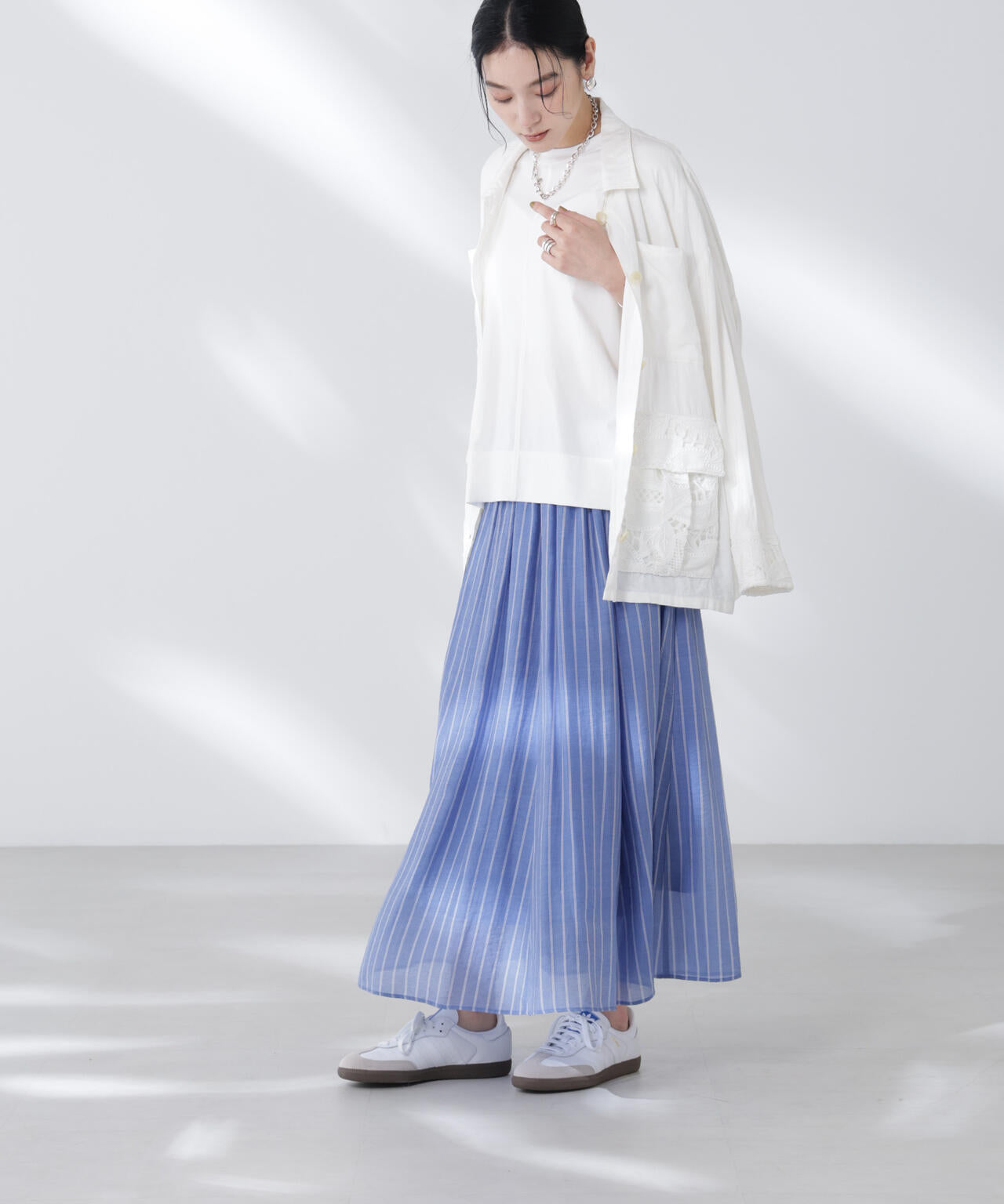 シアーストライプギャザーフレアスカート(セットアップ可)