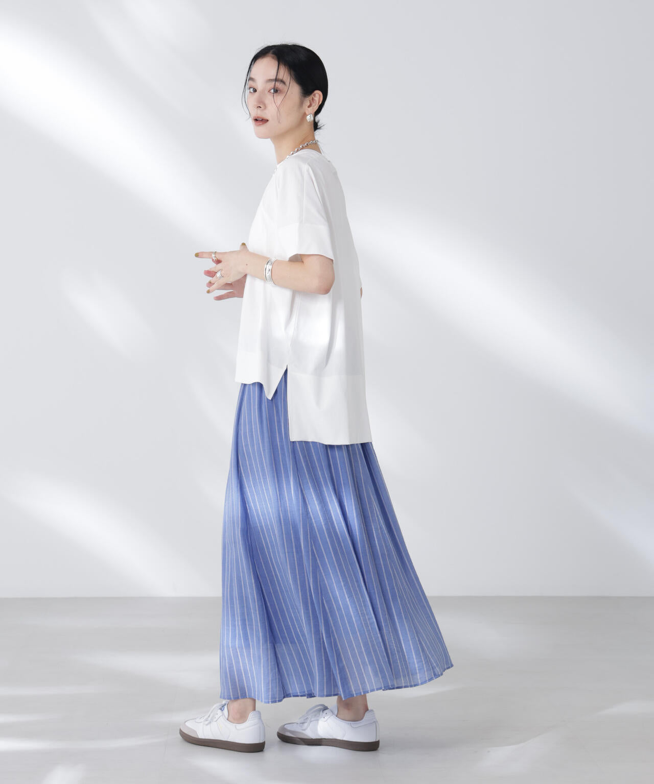 シアーストライプギャザーフレアスカート(セットアップ可)