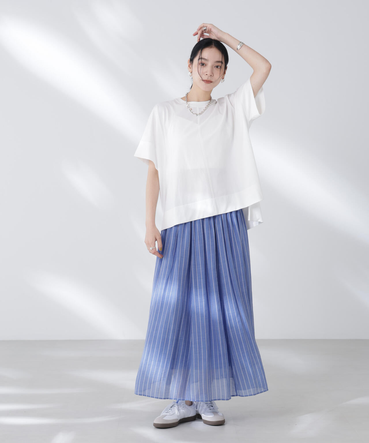 シアーストライプギャザーフレアスカート(セットアップ可)