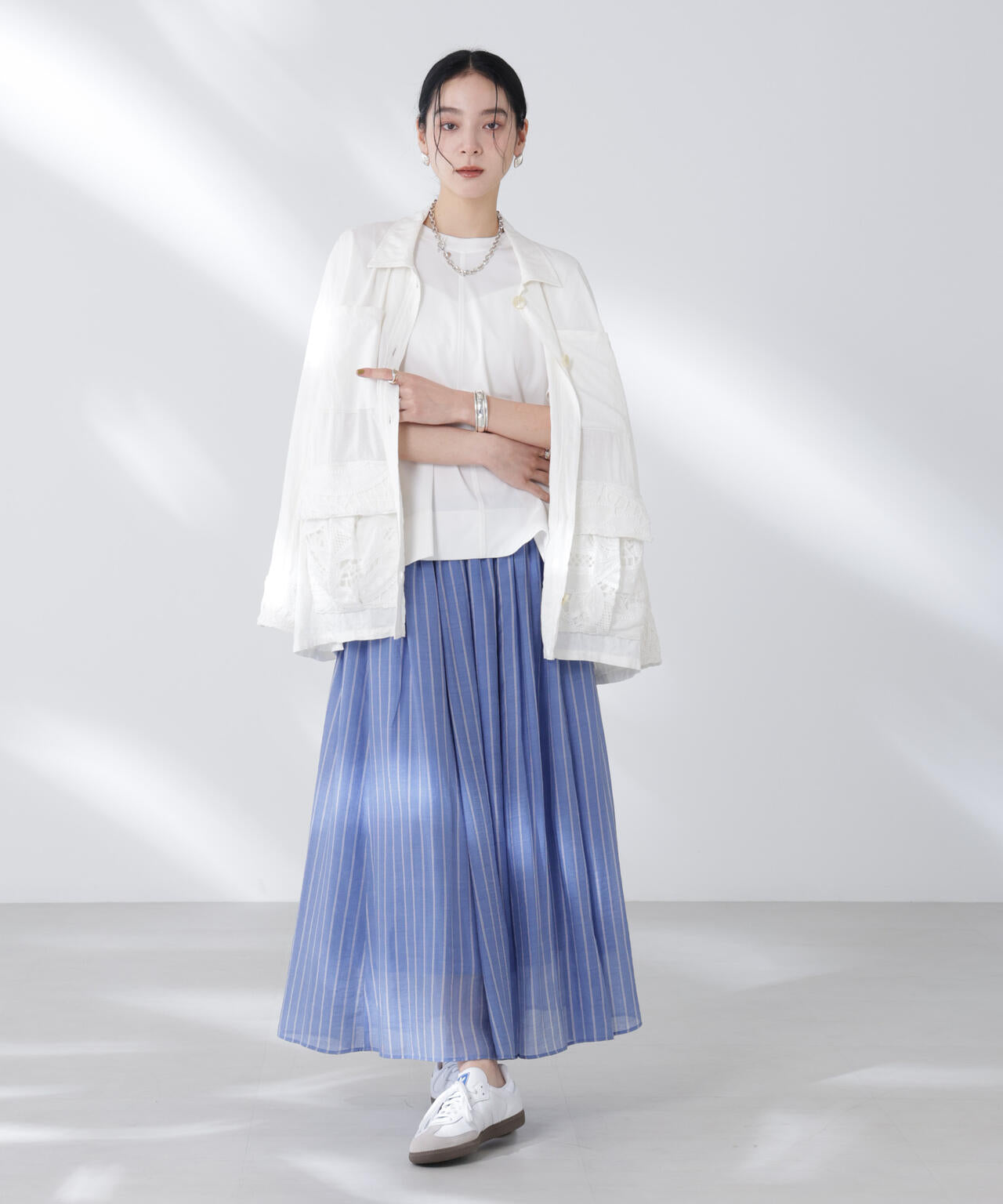 シアーストライプギャザーフレアスカート(セットアップ可)