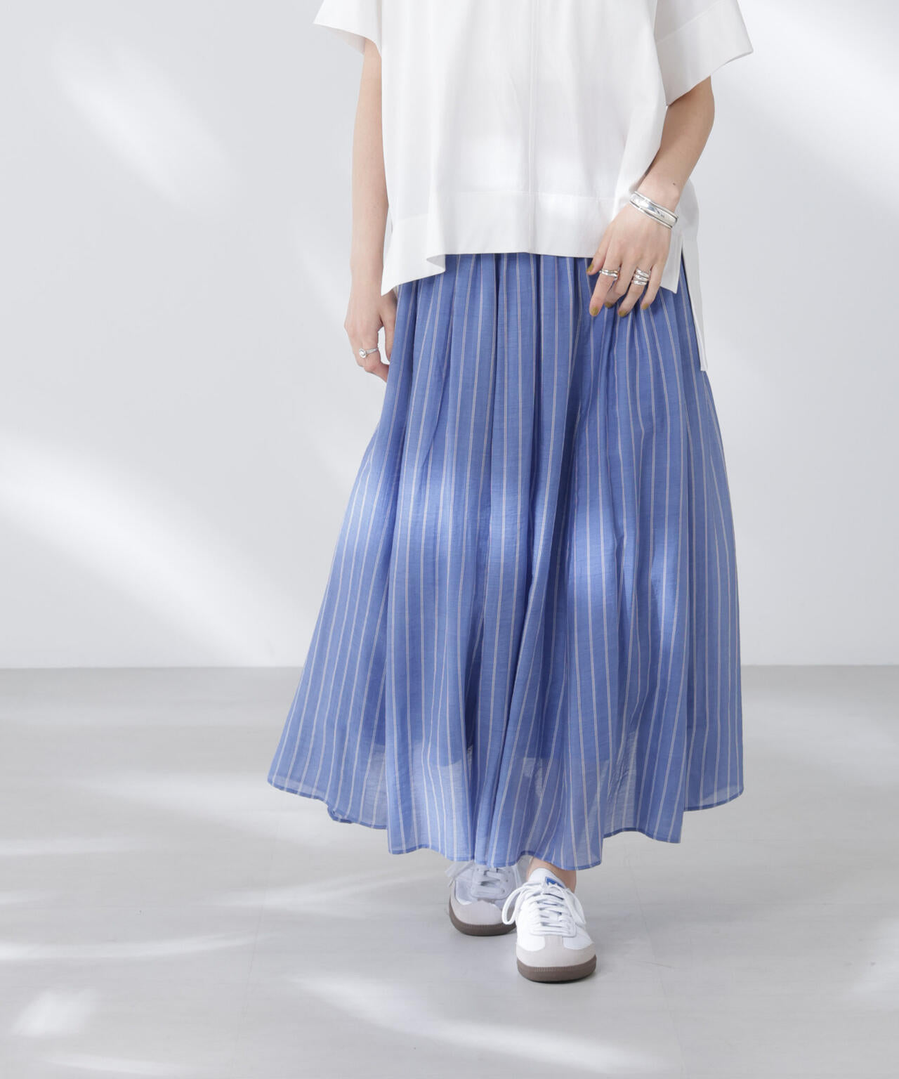 シアーストライプギャザーフレアスカート(セットアップ可)