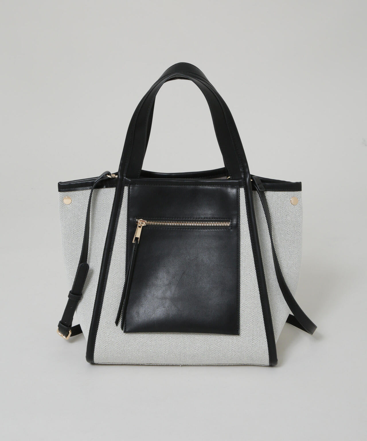 キャンバス×フェイクレザーポケットバッグ