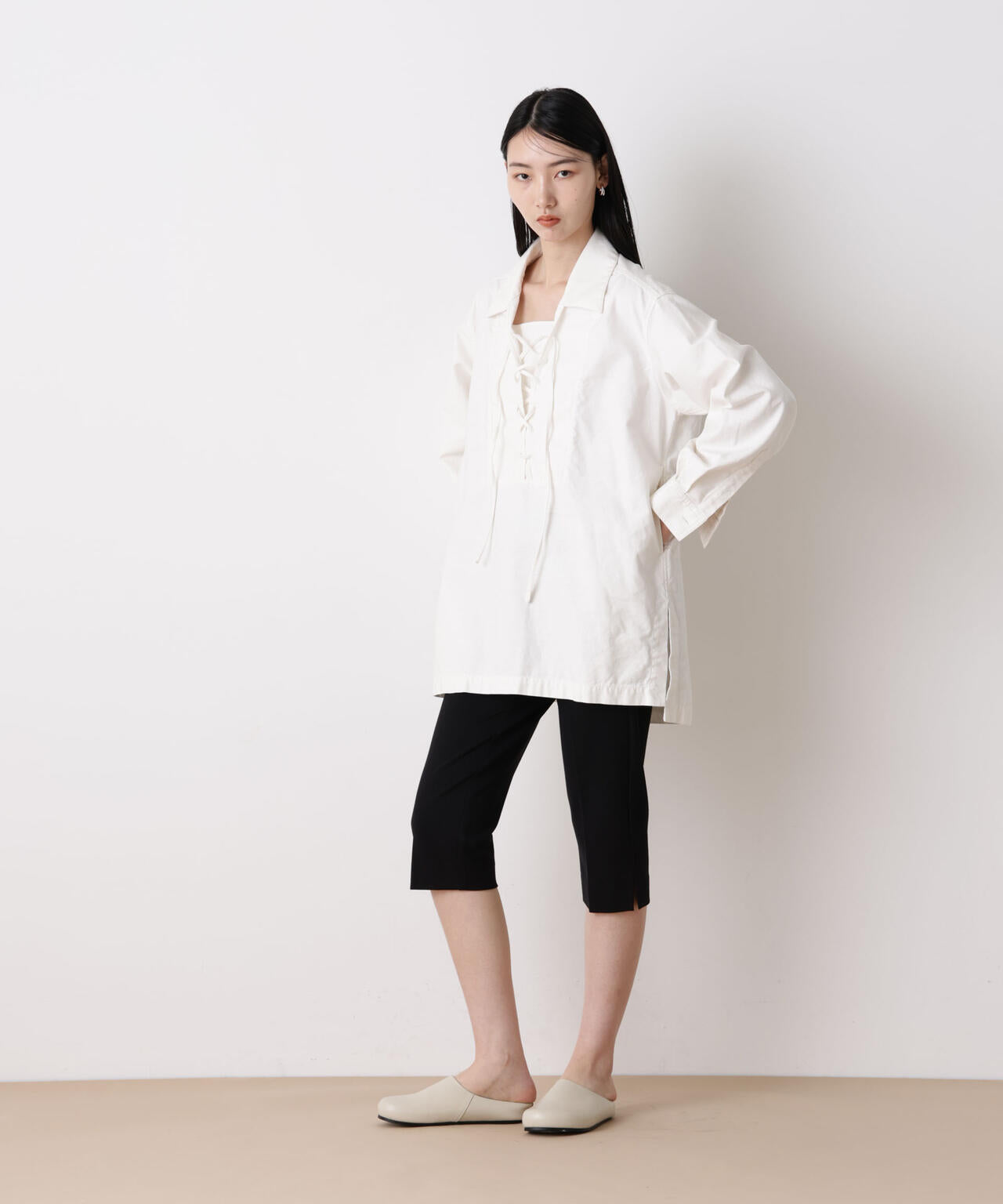 「STEVELOUR」コットンレースアップチュニックシャツ