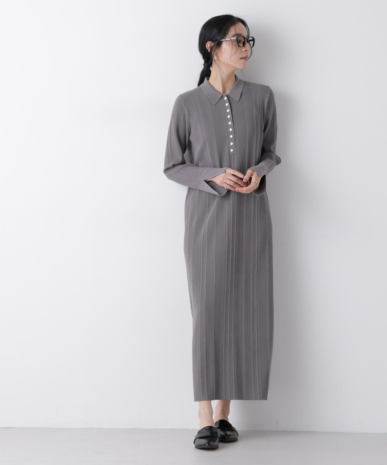 衿付きランダムリブニットワンピース