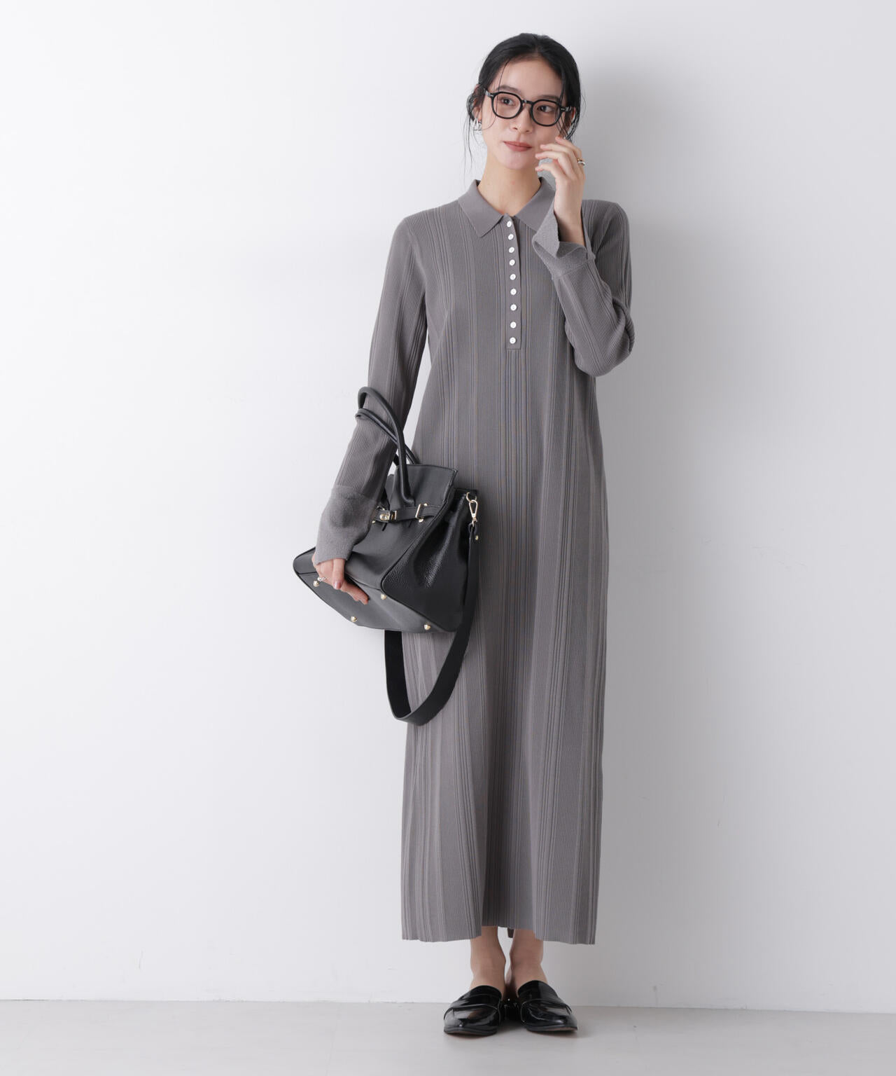 衿付きランダムリブニットワンピース