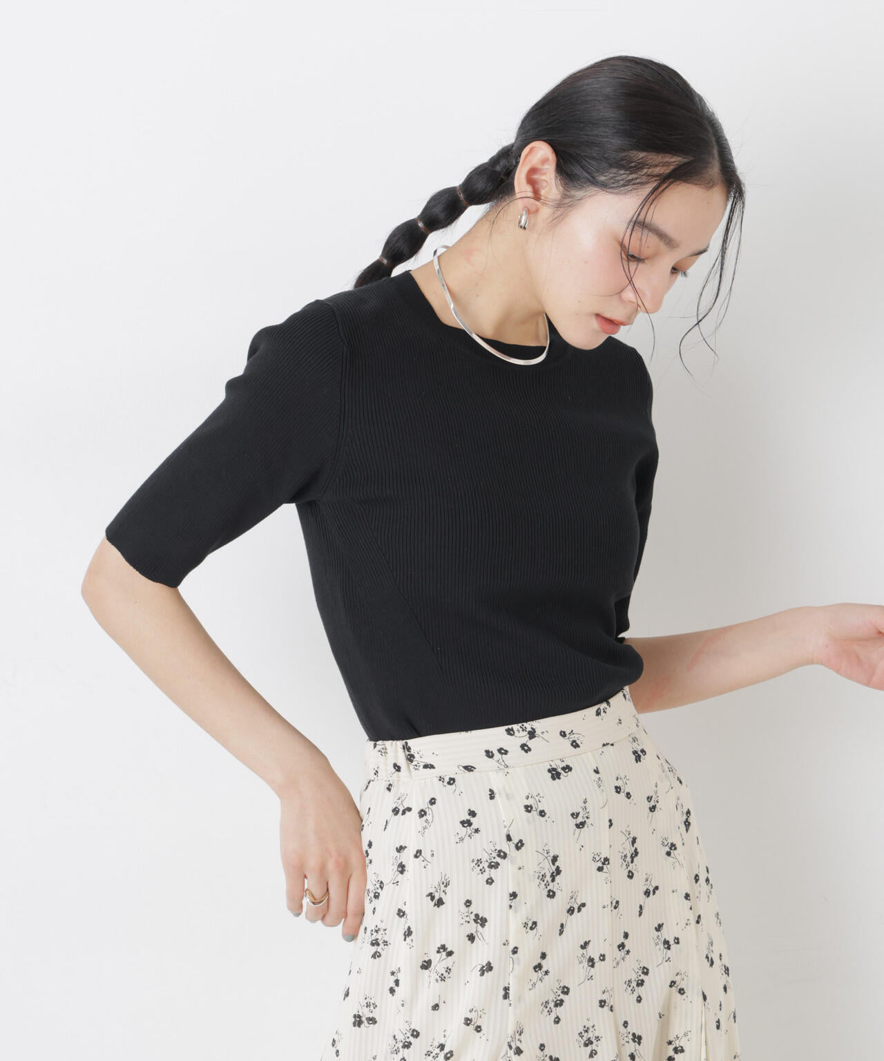 ウォッシャブルハイツイスト五分袖リブニット